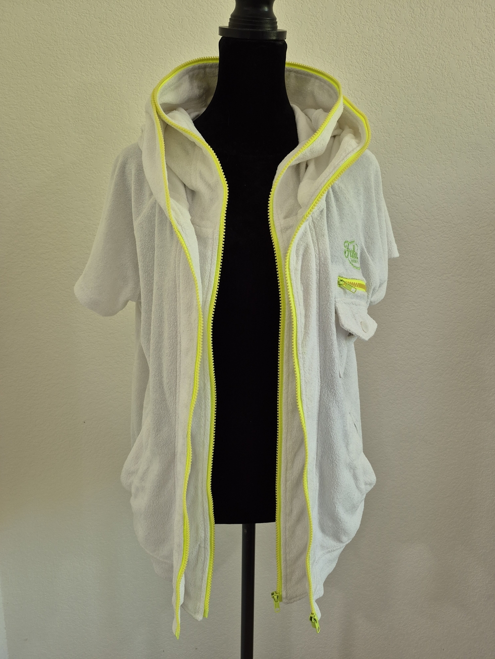 White Terry Hooded Short Sleeve Zip Vest with Neon Yellow Trim